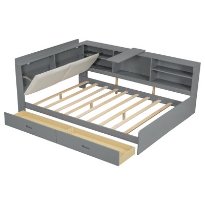 YNXARIA Gray Full - Sized Wooden Bed Frame: Storage Headboard, 2 Drawers Included