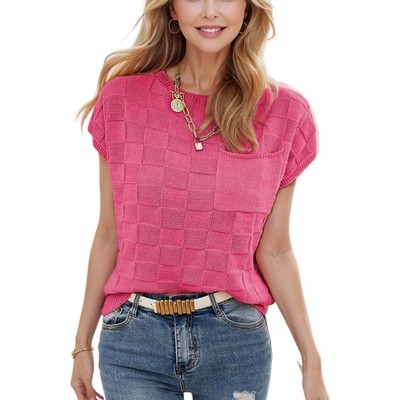 Amaryllis Women's Sleeveless Checkerboard Knit Top with Chest Pocket Relaxed Fit Casual Wear
