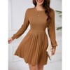 YesFashion Womens Long Sleeve Mini Dress Fall Ribbed Knit Crew Neck Pleated Swing Casual Sweater Dresses - 3 of 4
