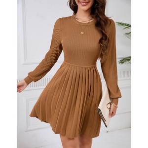 WhizMax Women's 2024 Long Sleeve Mini Sweater Dress Crewneck Ribbed Knit A Line Pleated Swing Short Dresses - 1 of 4