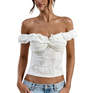 Women's Off-Shoulder Floral Lace Top Ruffle Trim Twisted Bustier