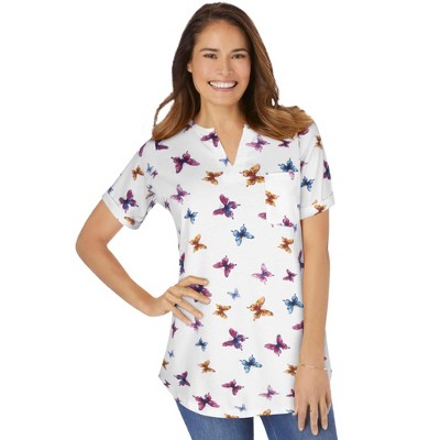 Woman Within Women's Plus Size Notch-Neck Pocket Tee