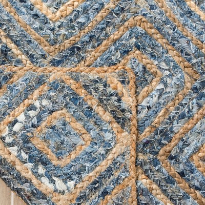 Natural and Blue Geometric Handmade Jute Area Rug