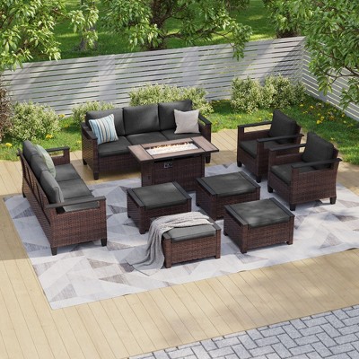 Sonkuki 9 Pieces Patio Sofa with Rectangle Fire Pit Table and Ottomans, Patio Conversation Couch with Cushion