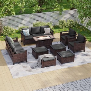 Sonkuki 9 Pieces Patio Sofa with Rectangle Fire Pit Table and Ottomans, Patio Conversation Couch with Cushion - 1 of 4