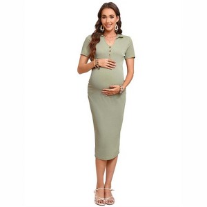 Women Maternity V Neck Dress Summer Short Sleeve Ribbed Knit Button Midi Dress Bodycon Nursing Dresses - 1 of 4