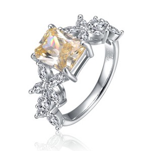 Guili Sterling Silver Engagement Ring with Yellow and White Cubic Zirconia in Leaf Trellis Design in Sizes 6, 7, and 8 – Radiant, Elegant Look - 1 of 2
