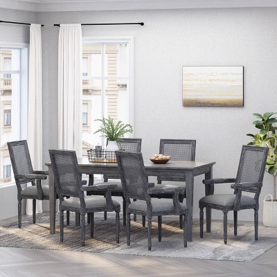 Gray Upholstered Arm Chair with Cane Back and Wood Frame