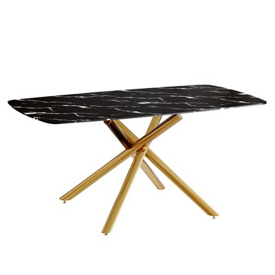 Vynxaria Luxurious Black Marble-Patterned Tempered Glass Dining Table with Single Fork Golden Metal Legs - Adaptable to Various Decor Styles