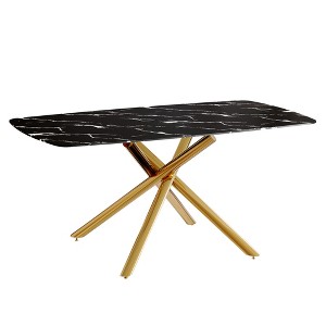 Vynxaria Luxurious Black Marble-Patterned Tempered Glass Dining Table with Single Fork Golden Metal Legs - Adaptable to Various Decor Styles - 1 of 4