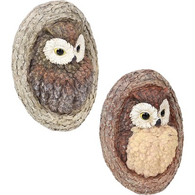 Sunnydaze Outdoor Polyresin Winifred and Wesley the Wise Old Owls Tree Hugger Tree Trunk Garden Sculpture Decoration - 9" - 2pc