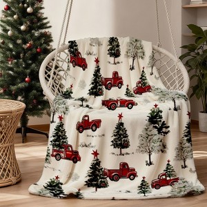Lomsoe Red Trucks Christmas Trees Winter Snowflake Print Flannel Blanket Throw, Rustic Farmhouse Holiday Decor with Snowy Pine Design. - 1 of 4