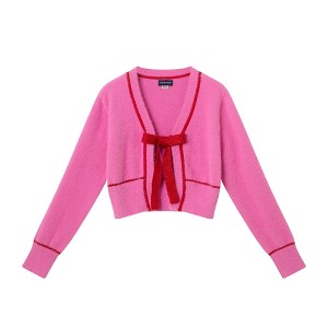 Andy & Evan  Kids  Pink Eyelash Cardigan Sweater w/Red Satin Bow - 1 of 3