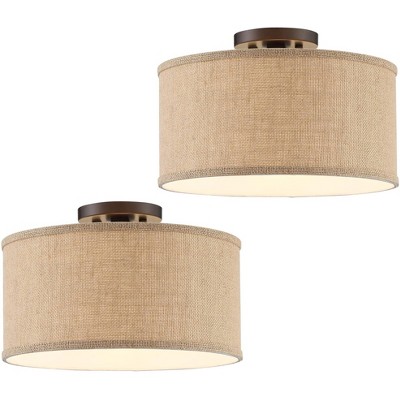 360 Lighting Rustic Farmhouse Ceiling Light Semi Flush Mount Fixtures Set of 2 Bronze Burlap Fabric Drum Bedroom Kitchen Hallway