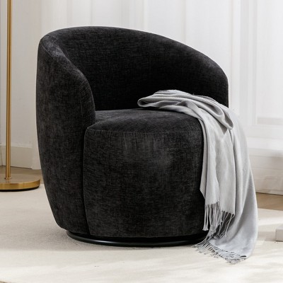 25.60"Chenille Fabric 360° Swivel Accent Armchair Barrel Chair With Black Powder Coating Metal Ring,Yellow