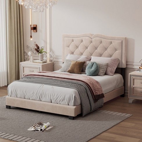 Full Size Velvet Upholstered Platform Bed With Rivet Design Tufted ...