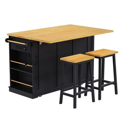OUTSUPPLY Large Kitchen Island Set with 2 Bar Stools, Drop Leaf, 5 Wheels, Internal Storage Racks, 3 Drawers for Kitchen Dining Room
