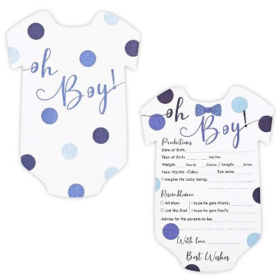 Sparkle and Bash Set of 50 Baby Boy Predictions and Advice Cards for Shower Game Activity & Gender Reveal Party, Oh Boy Polka Dot Design, Blue