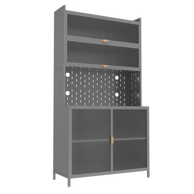 Chic Crate 73'' Tall 6-Level Flip-Door Pegboard Metal Pantry Cabinet(Grey) – Anti-Tip Hutch for Kitchen/Dining/Living Room