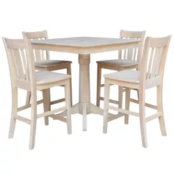 Set of 5 36"x36" Geneve Square Top Pedestal Table with 4 San Remo Counter Height Barstools Dining Sets Unfinished - International Concepts