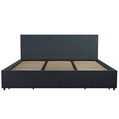 Navy Blue King Linen Upholstered Storage Bed with Tufted Headboard