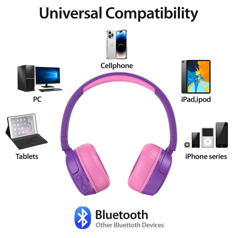 Contixo KB05 Kids Bluetooth Wireless Headphones -Volume Safe Limit 85db -On-The-Ear Adjustable Headset (Purple), 2 of 9