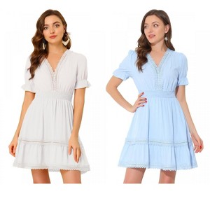 Allegra K Women's V Neck Smocked Elastic Waist Short Sleeve Boho Crochet Trim Mini Dress 2 Packs - 1 of 4