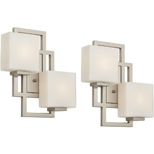 Possini Euro Design Modern Wall Light Sconces Set of 2 Brushed Nickel Hardwired 13 3/4" 2-Light Fixture Opal Glass for Bedroom - 1 of 4