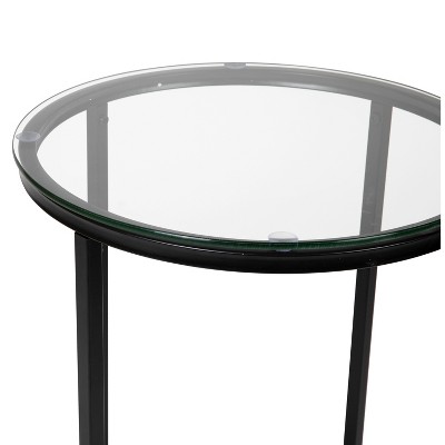 Round Clear Glass End Table with Matte Black Metal Frame