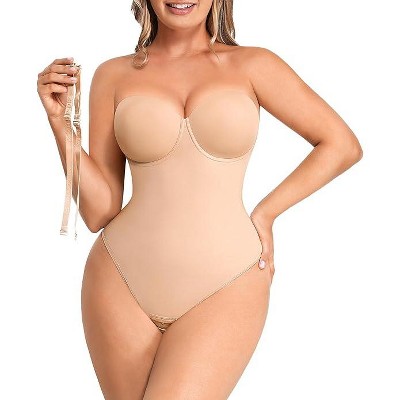 SHAPELLX Shapewear Bodysuit for Women Tummy Control Strapless Body Suit Faja Body Shaper Thong—Beige 38