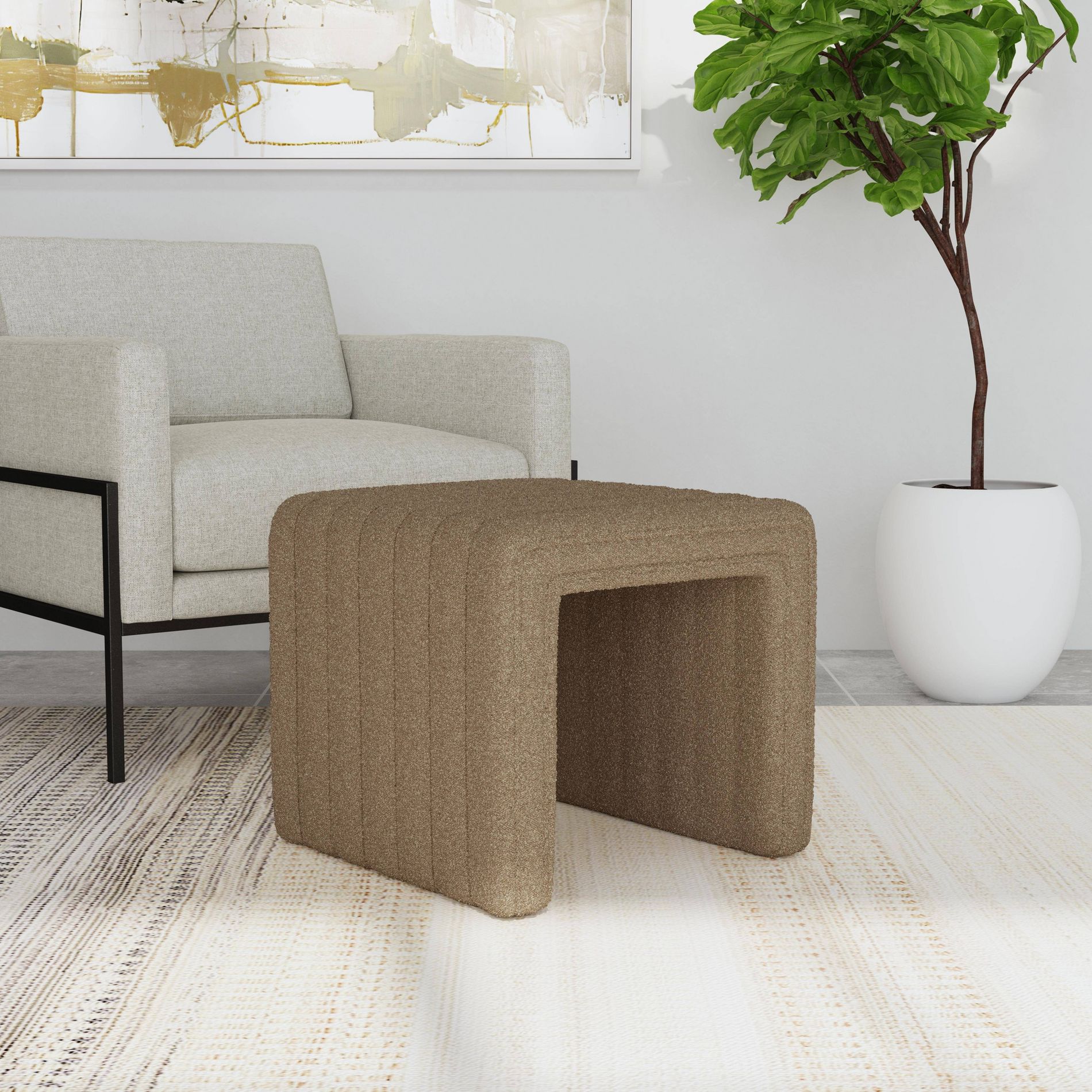 Modern Channel Ottoman Brown Boucle- HomePop: Upholstered Footstool, No Assembly Required