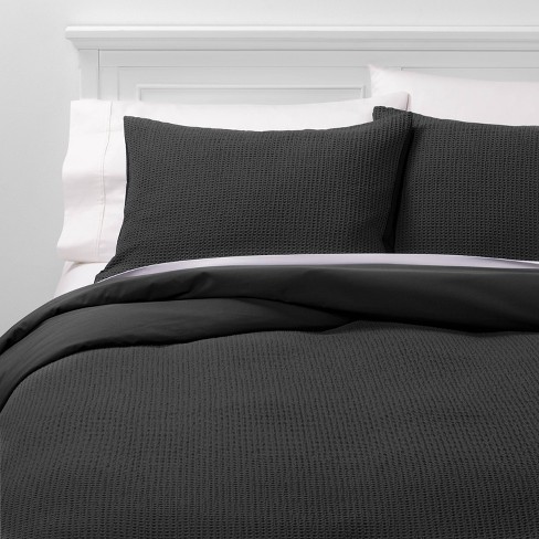 King Washed Waffle Weave Duvet Cover Sham Set Black Threshold