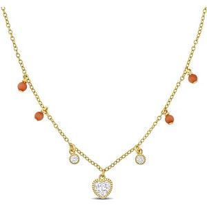 EVERLY JEWELRY | Yellow Plated Sterling Silver Heart and Round-Cut Created White Sapphire & Pink Bead Station Necklace, 16 inc + 2 inc - 1 of 4