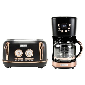 Haden Dorset 4 Slice Wide Slot Stainless Steel Toaster Bundled with 12 Cup Programmable Drip Coffee Maker Coffee Machine, Black & Copper - 1 of 4