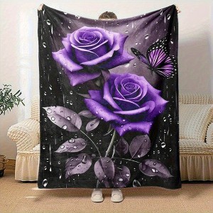 Lomsoe Purple Rose & Butterfly Rainy Night Print Flannel Blanket - All Seasons Soft and Warm Throw Blanket for Bed, Napping, Camping, Travel, Office - 1 of 4