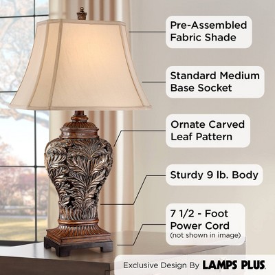 Bronze Carved Leaf Table Lamps with Tan Shades, Set of 2