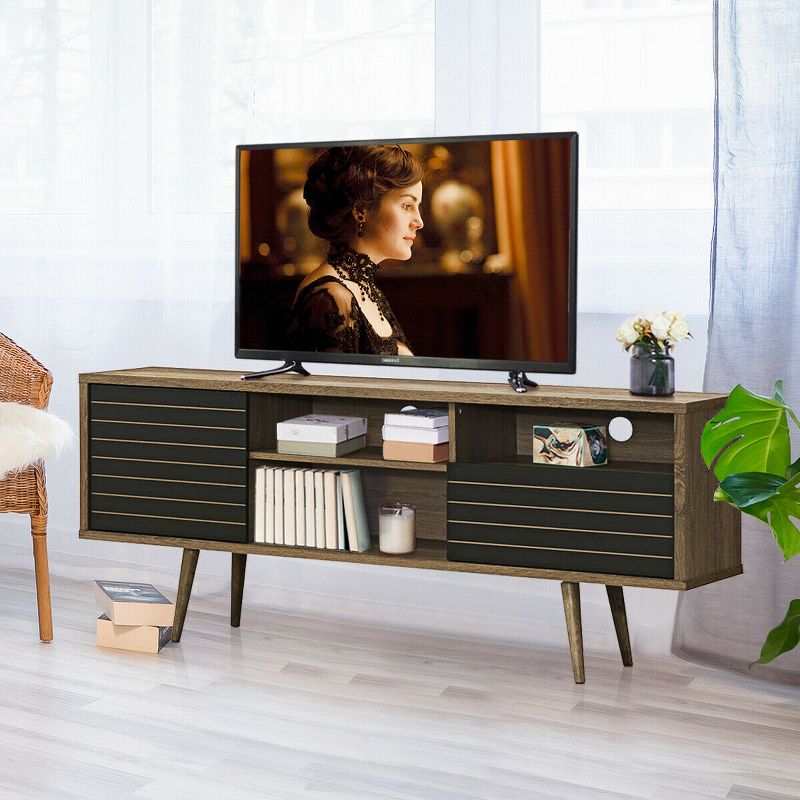 Costway Modern TV Stand/Console Cabinet 3 Shelves Storage Drawer Splayed Leg Wood/Black, 3 of 11
