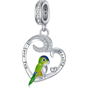 925 Sterling Silver "I Love You Forever" Parrot Charm, Cute Heart Bird Jewelry Gift for Women - 1 of 4