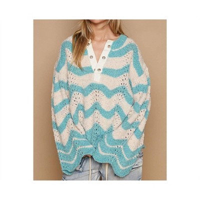 Women's Oversize Round Neck Stripes Solid Pullover Sweater - POL