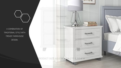 Off-White 32'' 3-Drawer Nightstand with Metal Legs