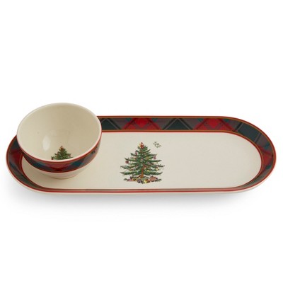 Spode Christmas Tree Tartan 2 Piece Chip and Dip - Platter: 13 x 5 Inch/Dip Bowl: 3.75 Inch