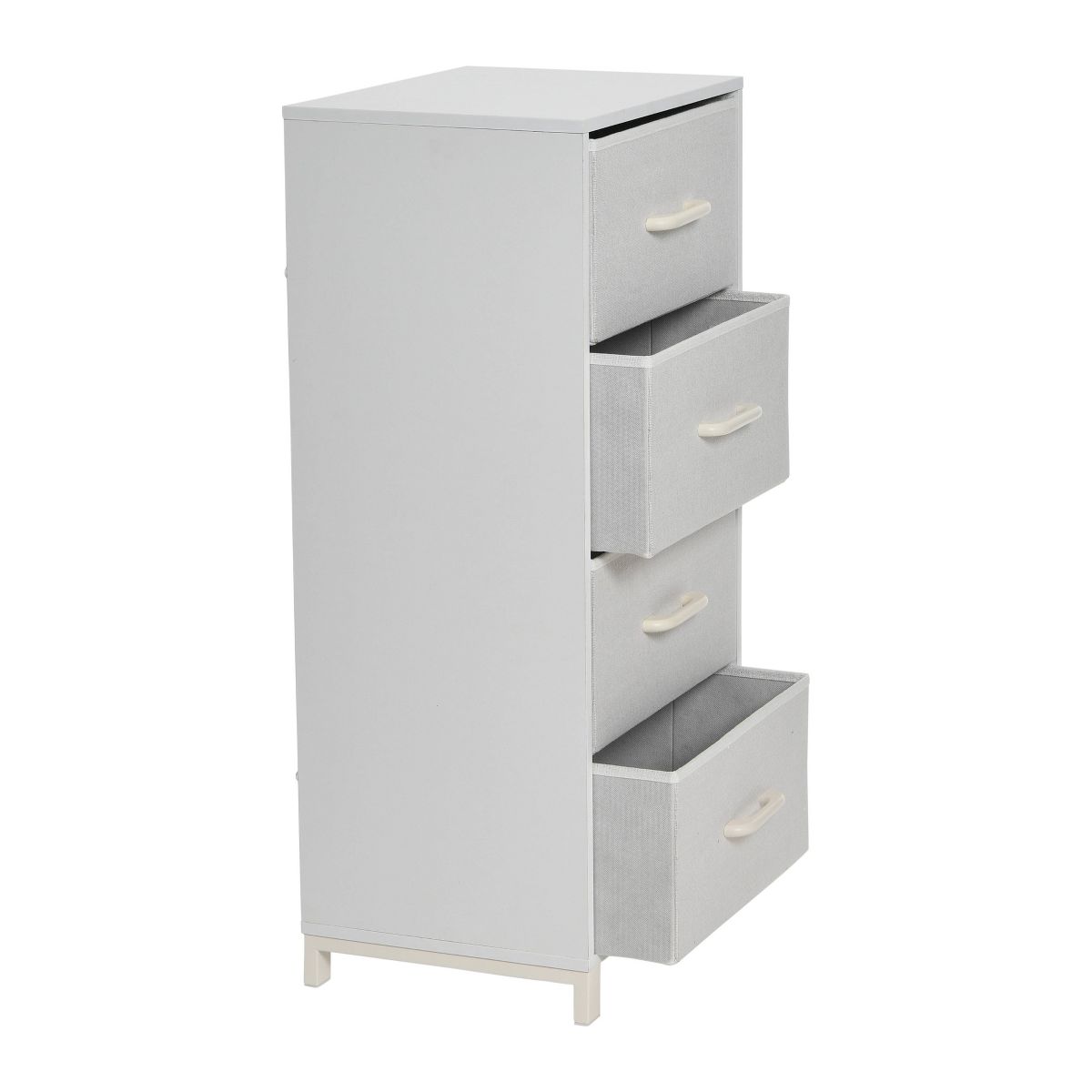 Side view of white dresser with open drawers