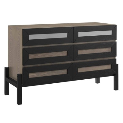 Merritt Mid-Century Brown Oak Dresser with Mirrored Accents