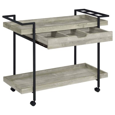 Gray Driftwood Industrial Bar Cart with Storage and Wine Rack