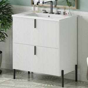 KTMBDW Fluted Design Bathroom Vanity with Ceramic Sink, Wooden Bathroom Storage Vanity with 30 Inch, Small Quick Assembly Bathroom Cabinet - 1 of 4