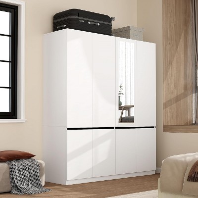 TIRAMISUBEST 74" White 4-Door Wardrobe with Mirror - Freestanding Armoire Closet with 2 Hanging Rods for Bedroom Storage (74.8"H)