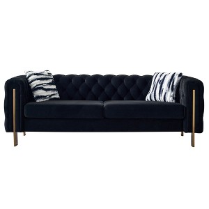 84.25" Velvet Chesterfield Sofa with Tufted Back, Gold Metal Legs and Black & White Striped Pillows - 1 of 4