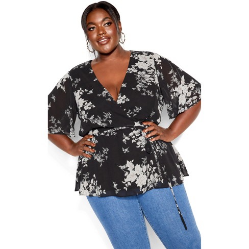 City Chic  Women's Plus Size Mini Bouquet Wrap Top - Black - 18w : Target