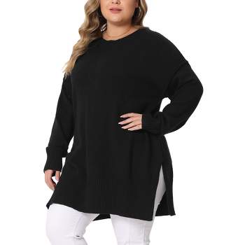Agnes Orinda Women's Plus Size Oversized Crew Neck Long Sleeve Slit Hem Knit Pullover Sweaters