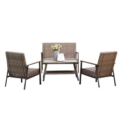 Four Seasons Courtyard Nantucket 4 Piece Deep Seating All Weather Outdoor Patio Furniture Set with 2 Chairs, Loveseat, and Rectangular Table, Brown